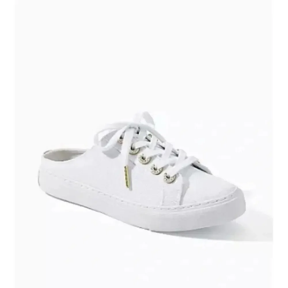 Lilly Pulitzer White Preppy Minimalist Old Money Gold Accents Mule Sneaker Sz 10